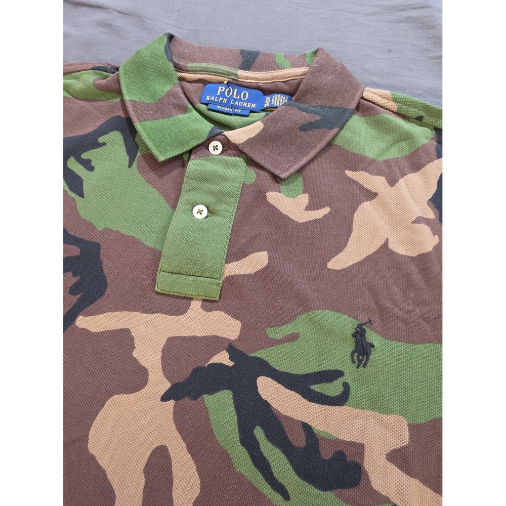 Polo Ralph Lauren Mens Camo Polo Shirt Classic Fit Green Brown XL Short Sleeve